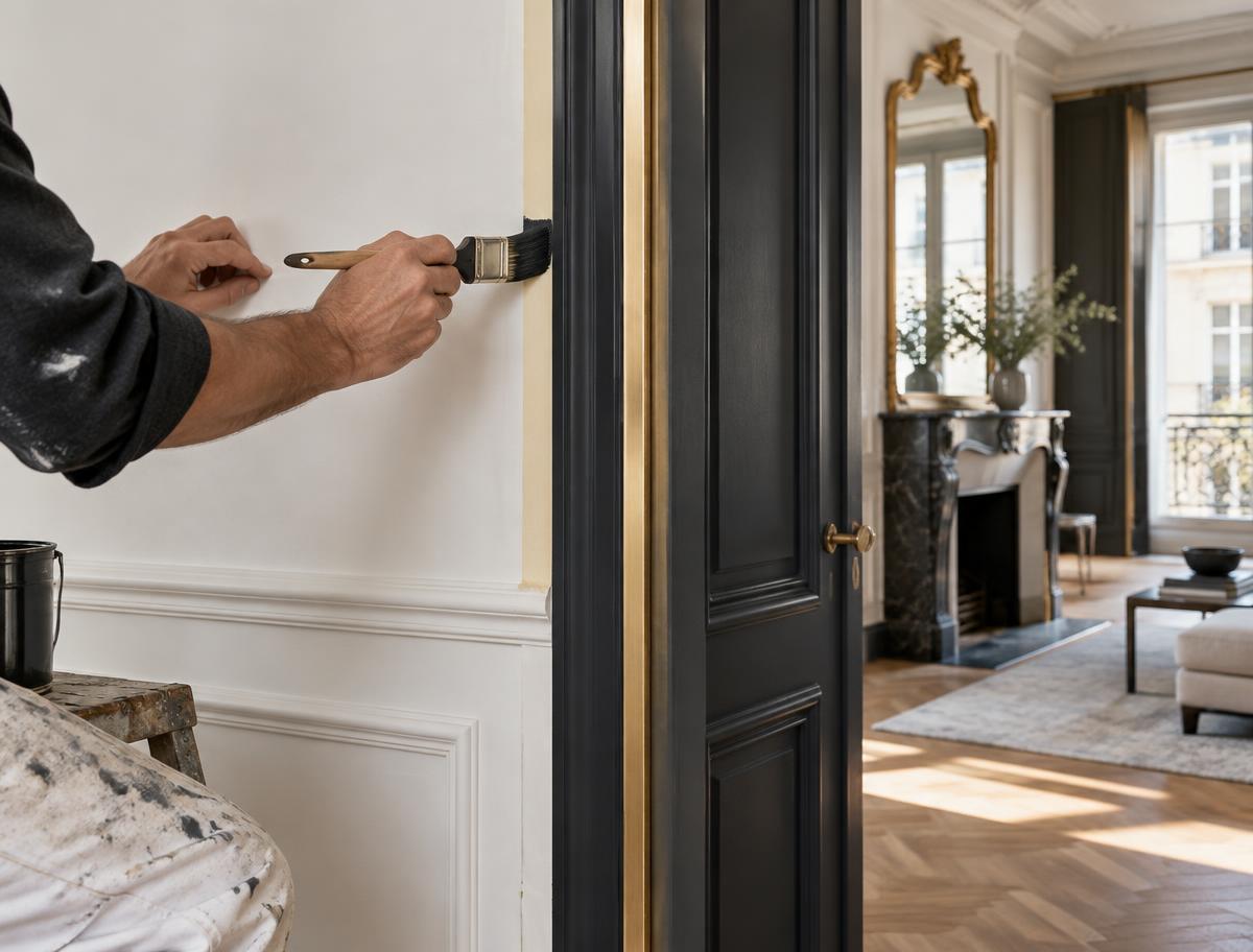 Travail de précision au pinceau sur une boiserie